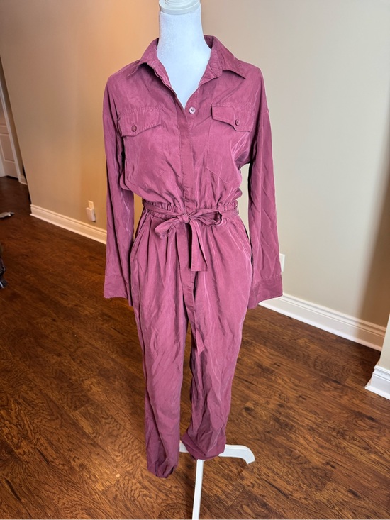 Express Pants - Express Mauve Button-Front Utility Jumpsuit with Tie Waist